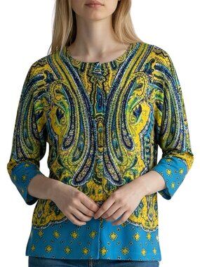 Isaac Mizrahi Paisley Cardigan 3/4 Sleeve Knit Blue Yellow XL